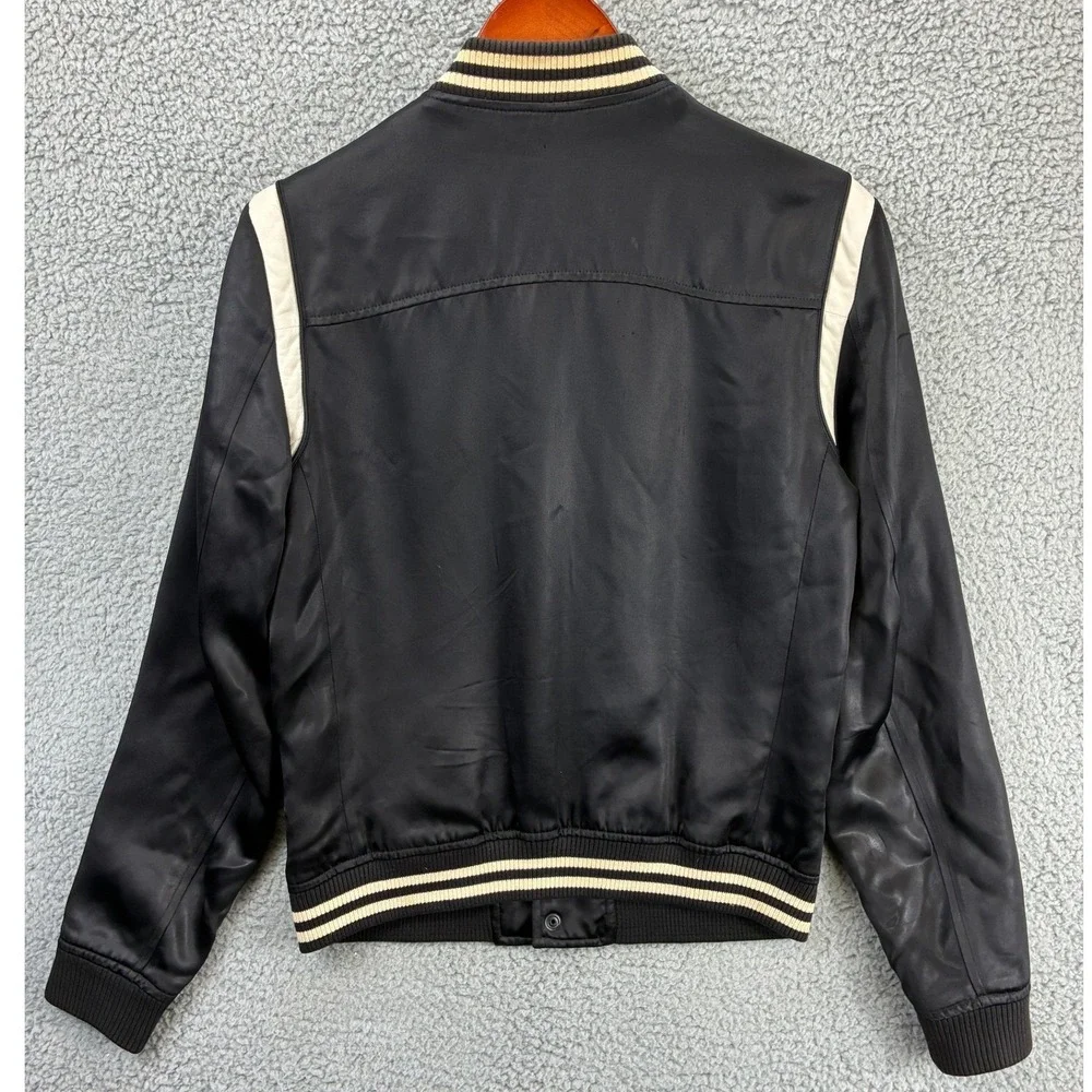 AllSaints Matsu Varsity Bomber Jacket Mens XS Black White Striped Trim Snap